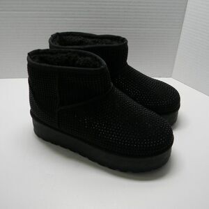 Unbranded Black Faux Fur Lined Ankle Boots with Rhinestones Sz 6.5 NWOT